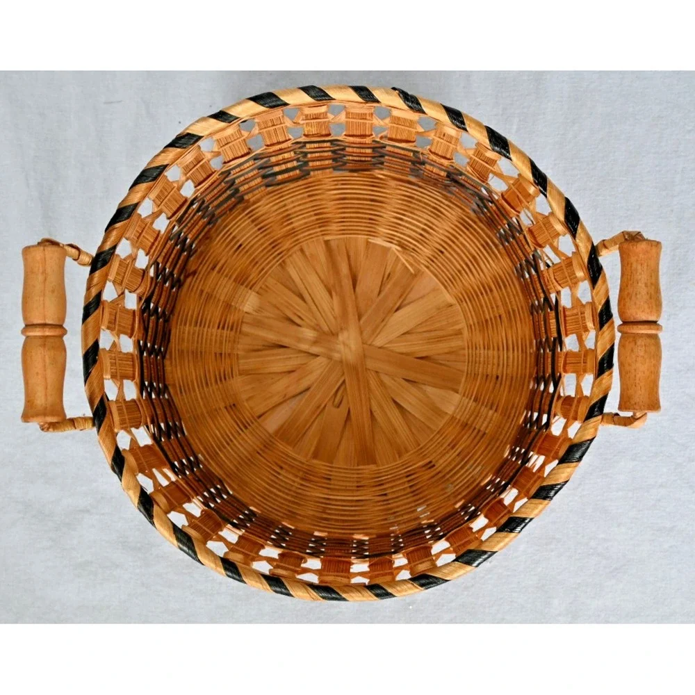 Vintage Wicker Rattan Seagrass Basket Wood Handles Black Accent Decor